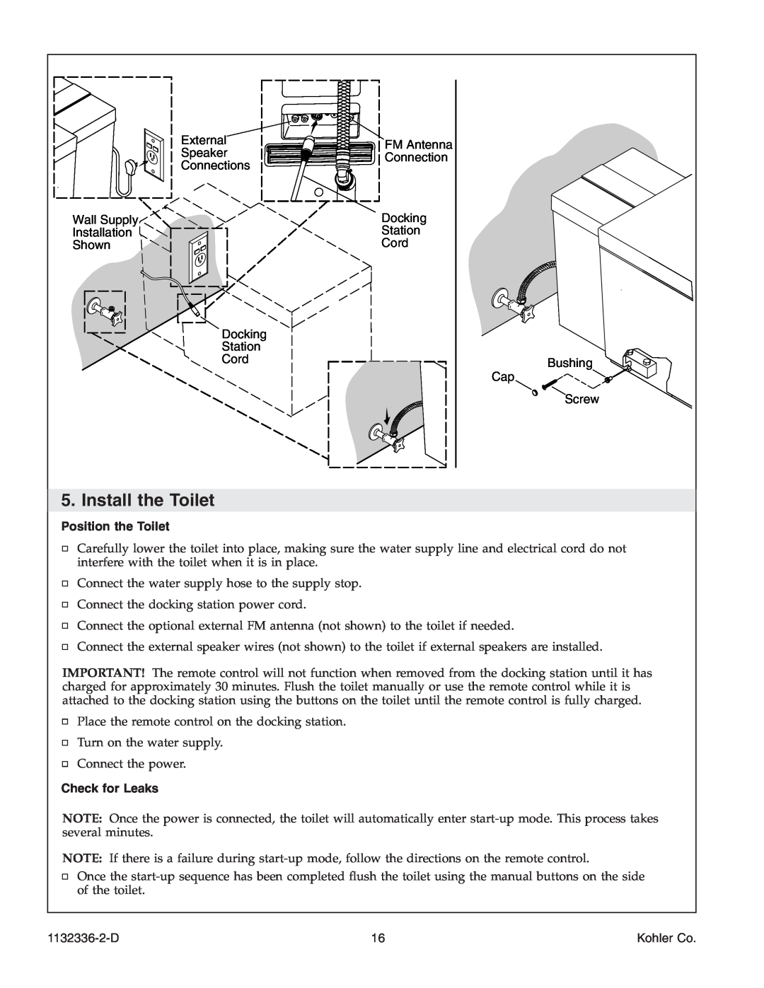 Kohler K-3900 manual Install the Toilet, Position the Toilet, Check for Leaks, 1132336-2-D, Kohler Co 