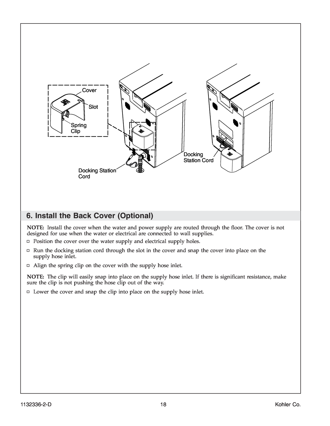 Kohler K-3900 manual Install the Back Cover Optional, 1132336-2-D, Kohler Co 