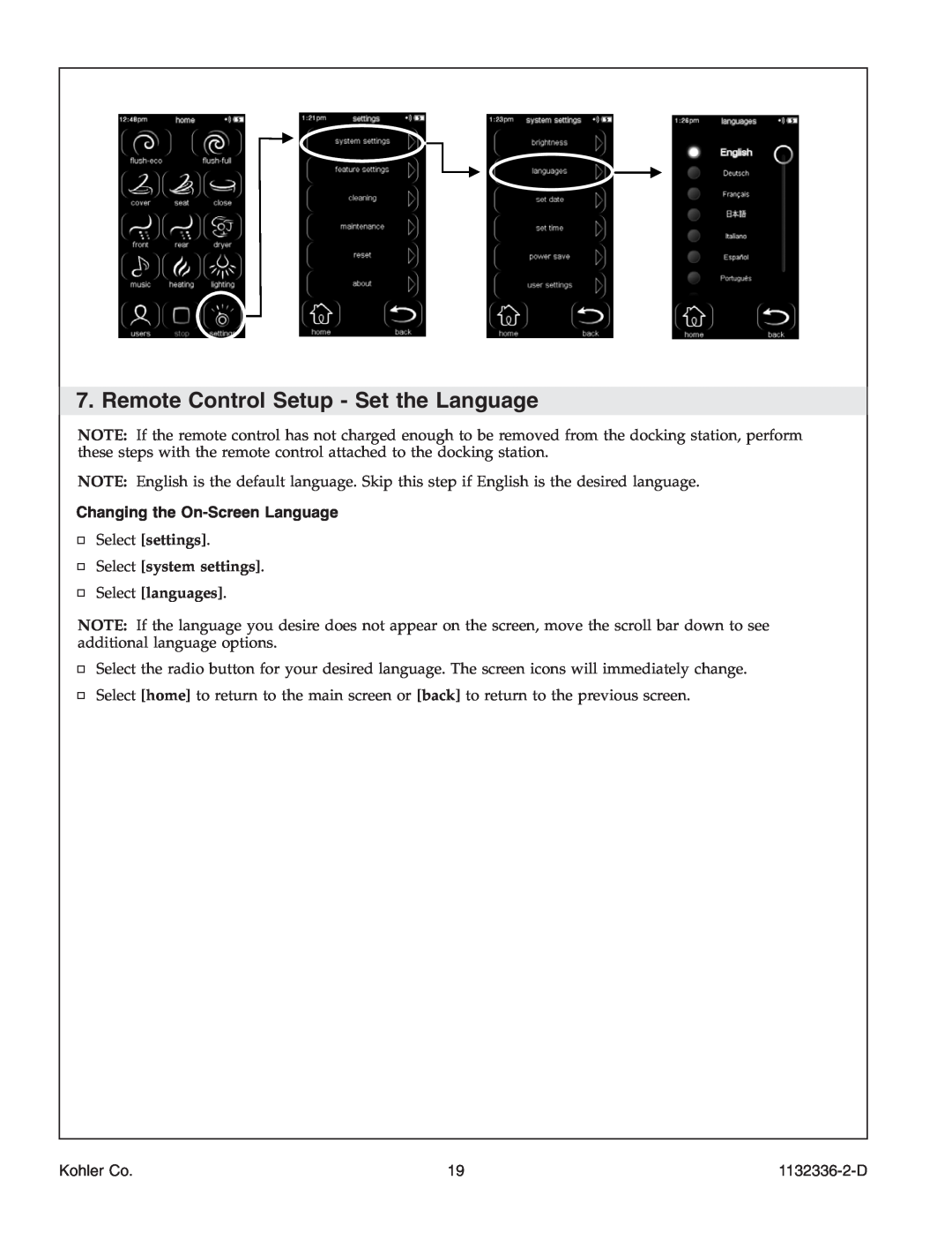 Kohler K-3900 manual Remote Control Setup - Set the Language, Changing the On-ScreenLanguage, Select languages, Kohler Co 