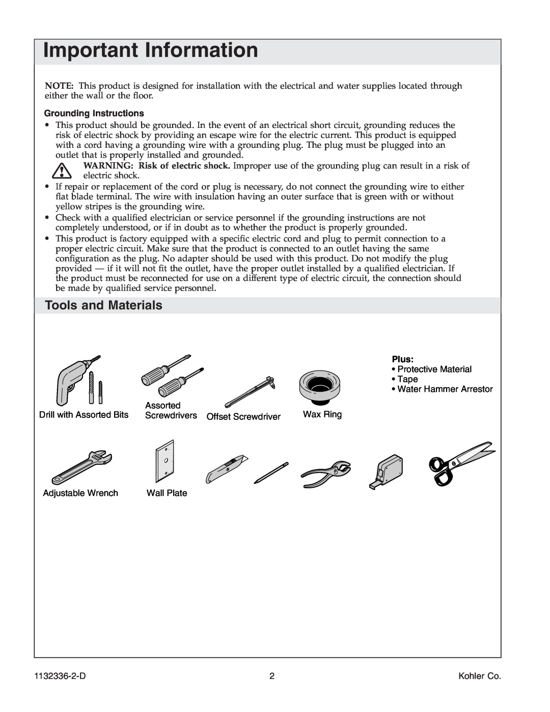 Kohler K-3900 manual Important Information, Tools and Materials, Grounding Instructions, Plus, 1132336-2-D, Kohler Co 