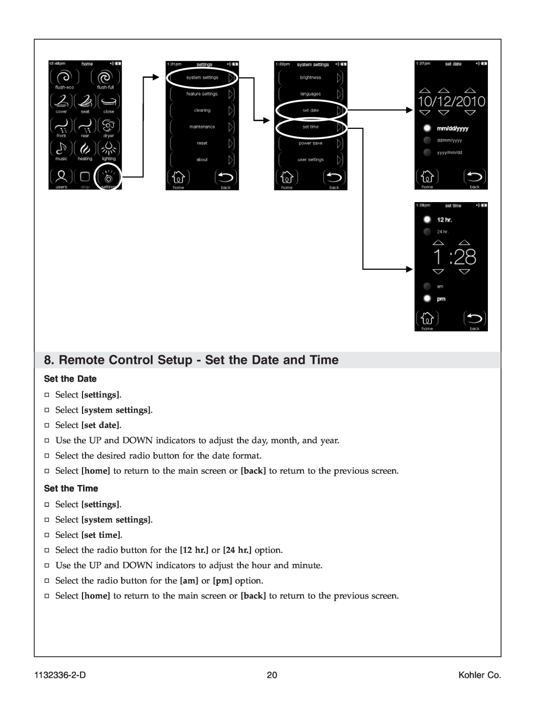 Kohler K-3900 Remote Control Setup - Set the Date and Time, Select set date, Set the Time, Select set time, 1132336-2-D 