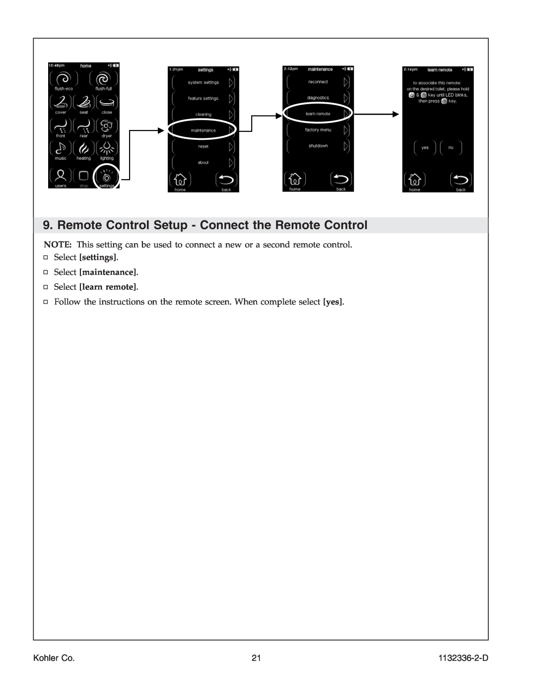 Kohler K-3900 manual Select maintenance Select learn remote, Kohler Co, 1132336-2-D 