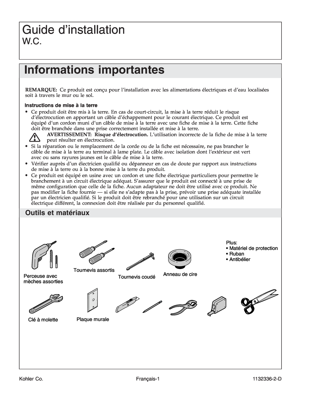 Kohler K-3900 manual Guide d’installation, Informations importantes, Outils et matériaux, Instructions de mise à la terre 