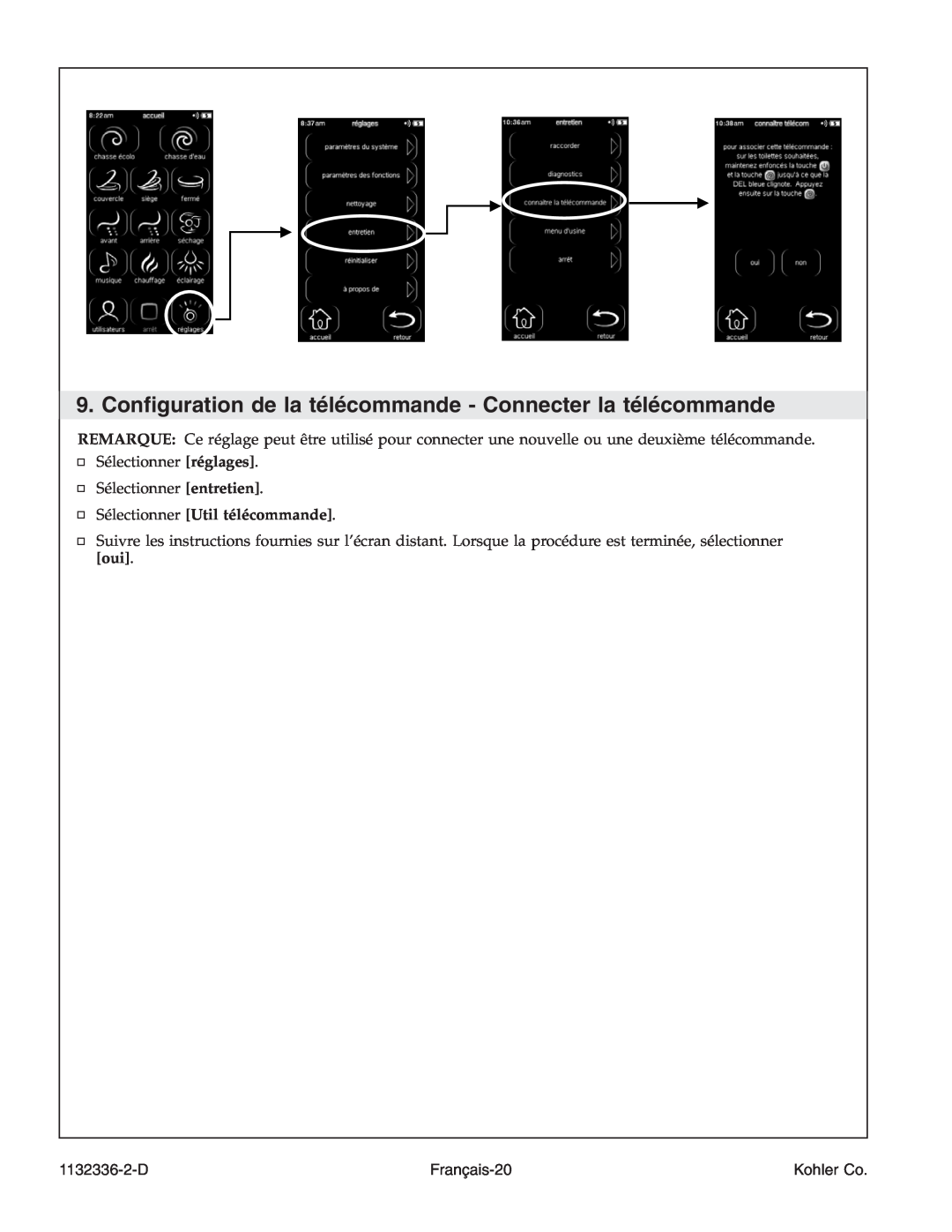 Kohler K-3900 manual Sélectionner Util télécommande, Français-20, 1132336-2-D, Kohler Co 