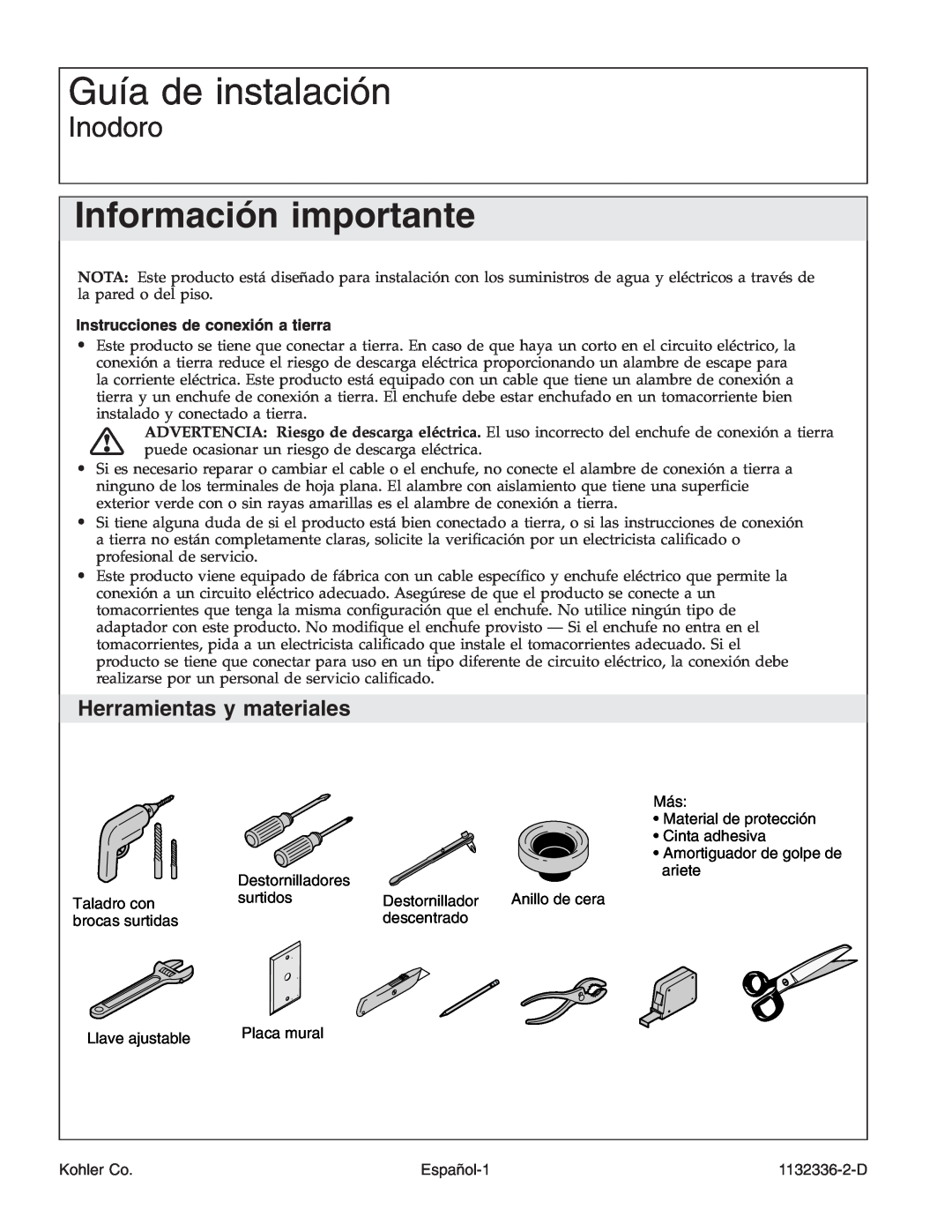 Kohler K-3900 manual Guía de instalación, Información importante, Inodoro, Herramientas y materiales, Español-1, Kohler Co 