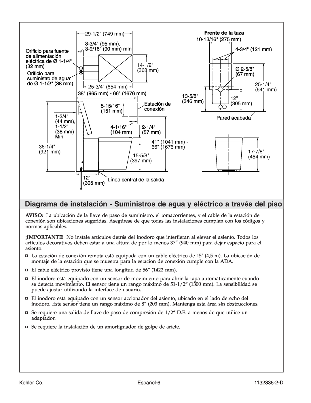 Kohler K-3900 manual Español-6, Frente de la taza, Kohler Co, 1132336-2-D 