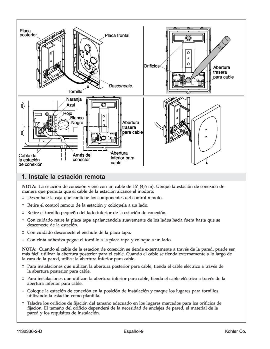 Kohler K-3900 manual Instale la estación remota, Desconecte, Español-9, 1132336-2-D, Kohler Co 