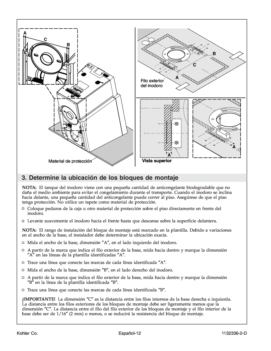 Kohler K-3900 manual A Vista superior, Español-12, A C B, Kohler Co, 1132336-2-D 