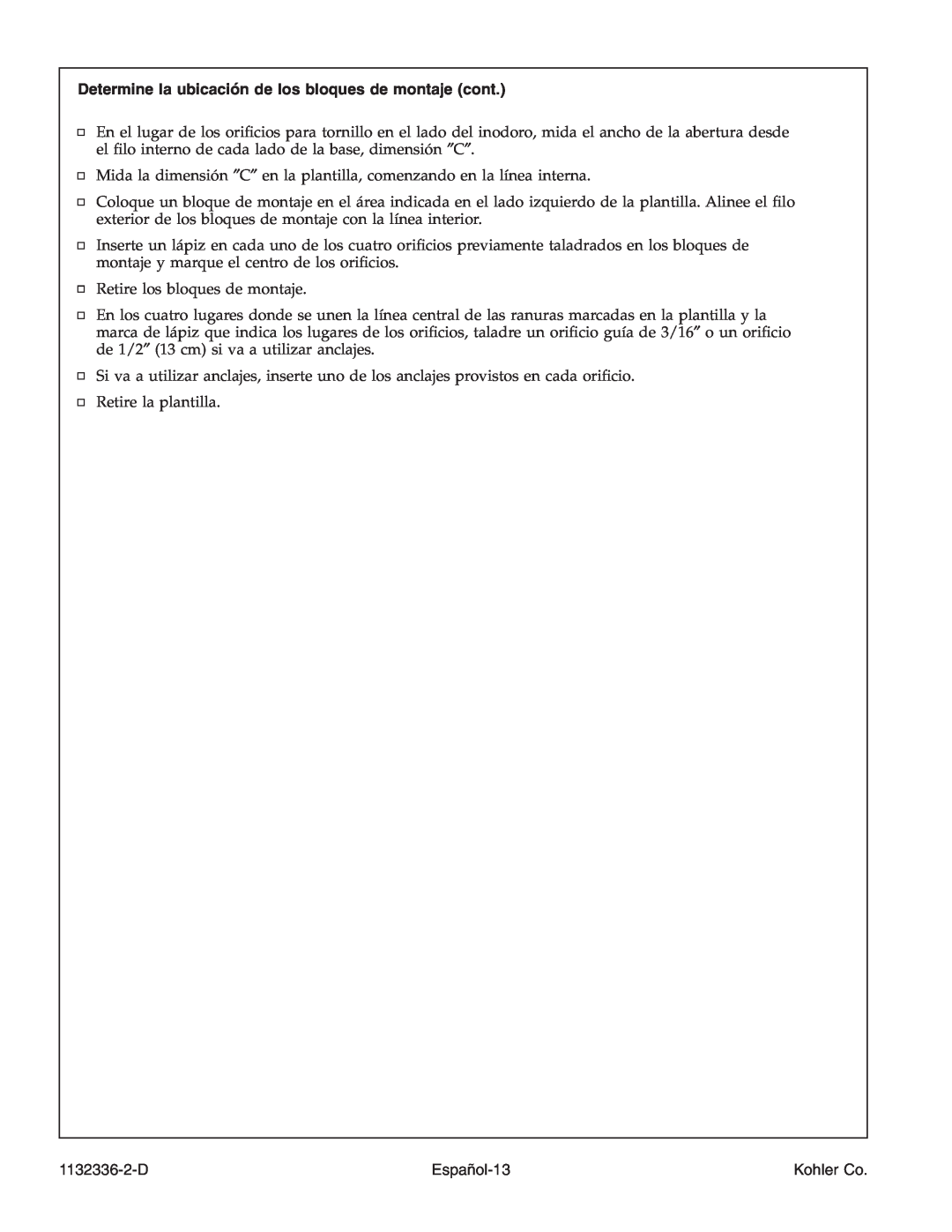 Kohler K-3900 manual Español-13, 1132336-2-D, Kohler Co 
