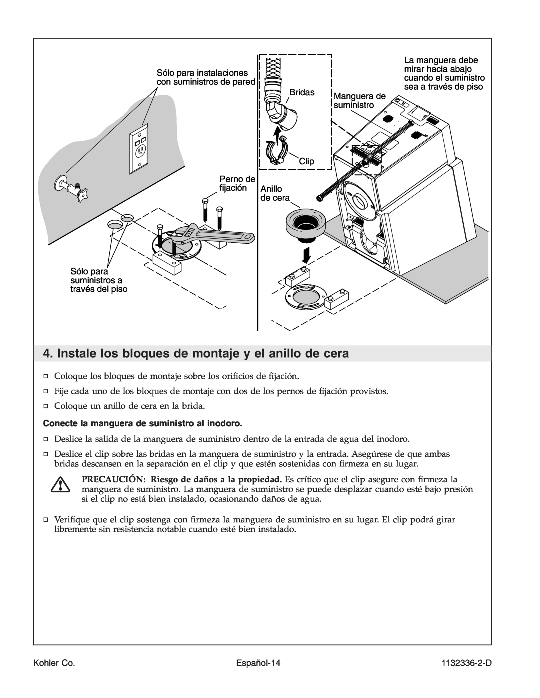 Kohler K-3900 manual Conecte la manguera de suministro al inodoro, Español-14, Kohler Co, 1132336-2-D 