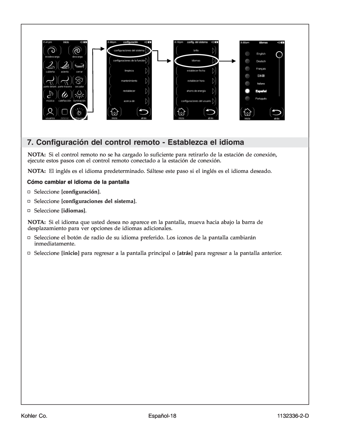 Kohler K-3900 manual Cómo cambiar el idioma de la pantalla, Seleccione conﬁguración, Seleccione conﬁguraciones del sistema 