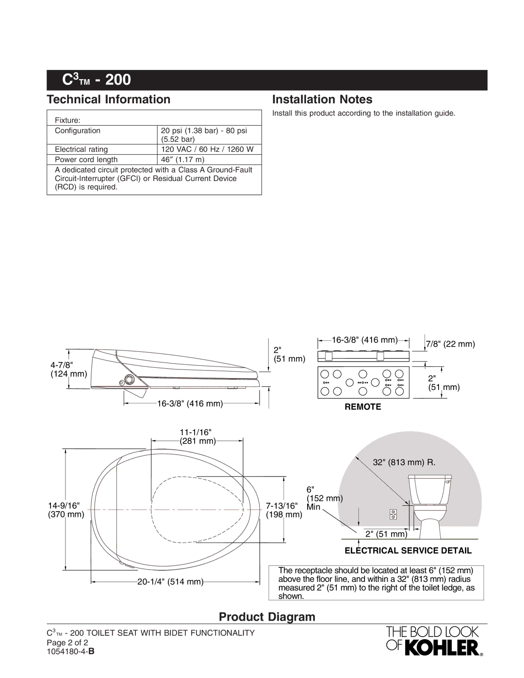 Kohler K-4709 manual Technical Information, Installation Notes, Product Diagram, Remote, Electrical Service Detail 