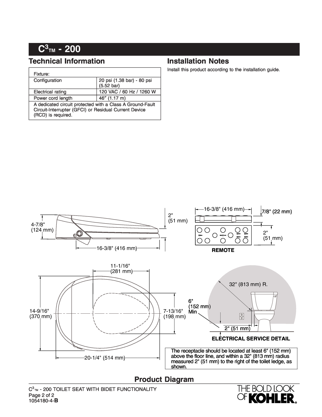 Kohler K-4709 manual Technical Information, Installation Notes, Product Diagram, C3TM, Remote, Electrical Service Detail 