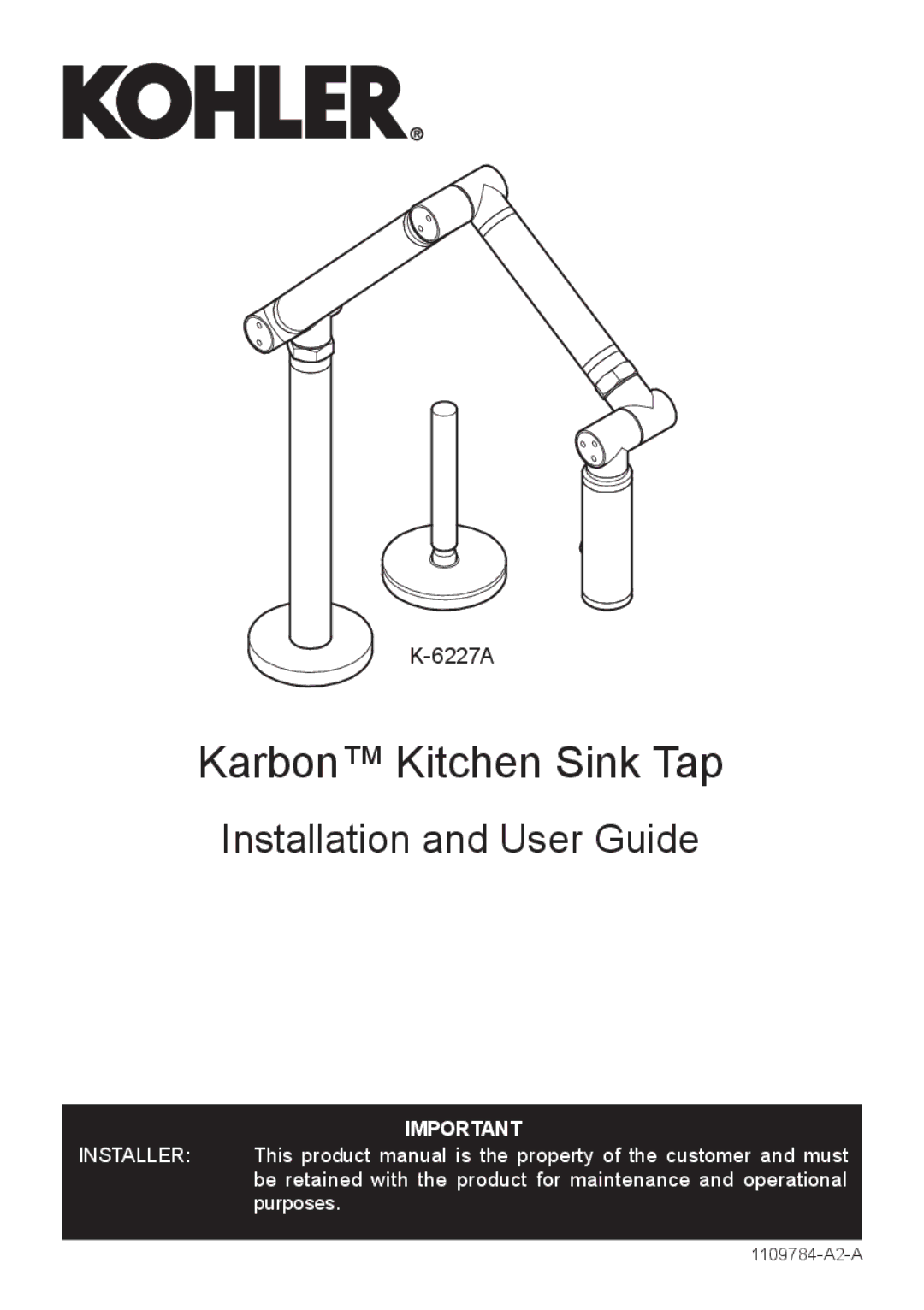 Kohler K-6227A manual Karbon Kitchen Sink Tap 