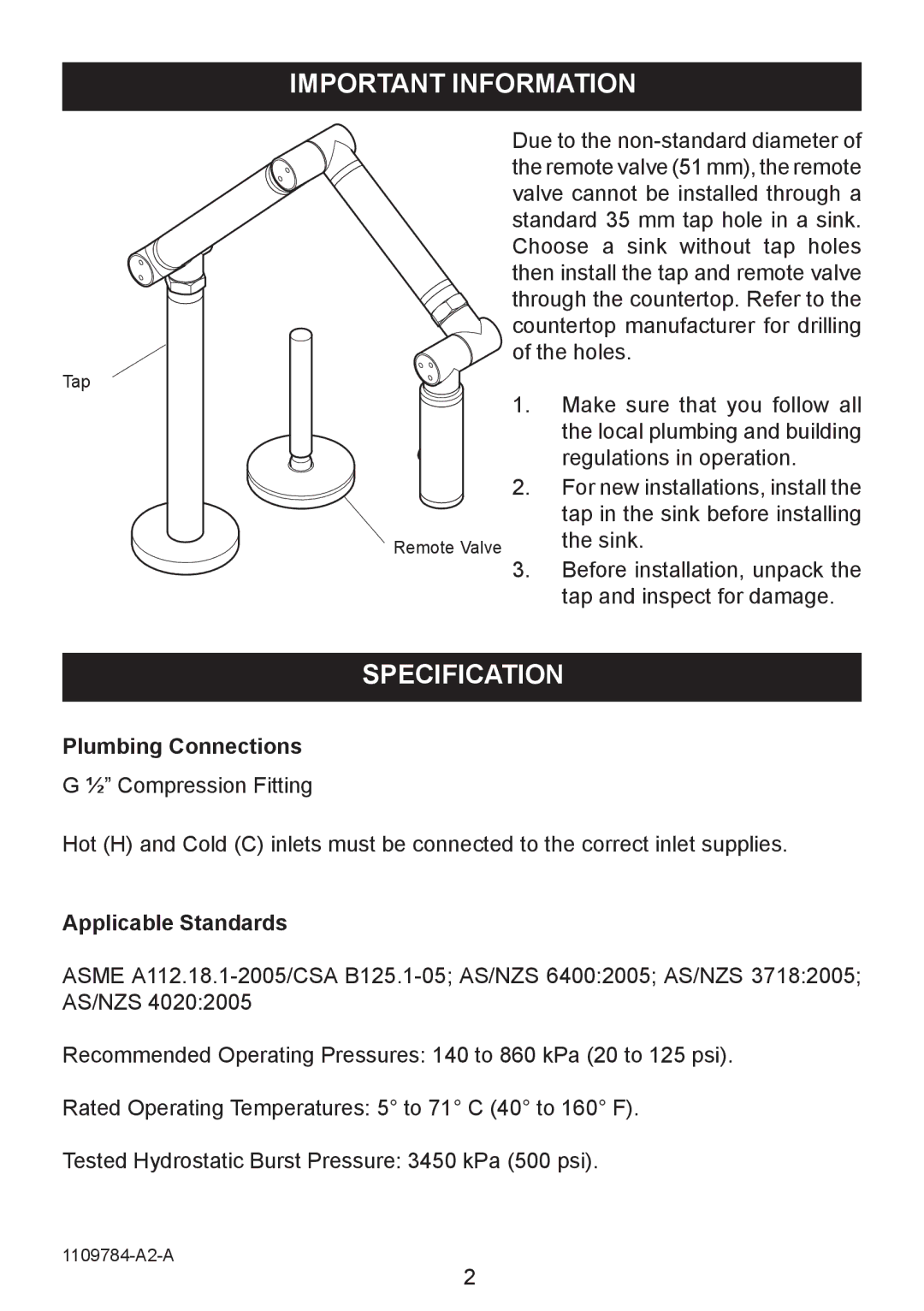 Kohler K-6227A manual Important information, Specification 