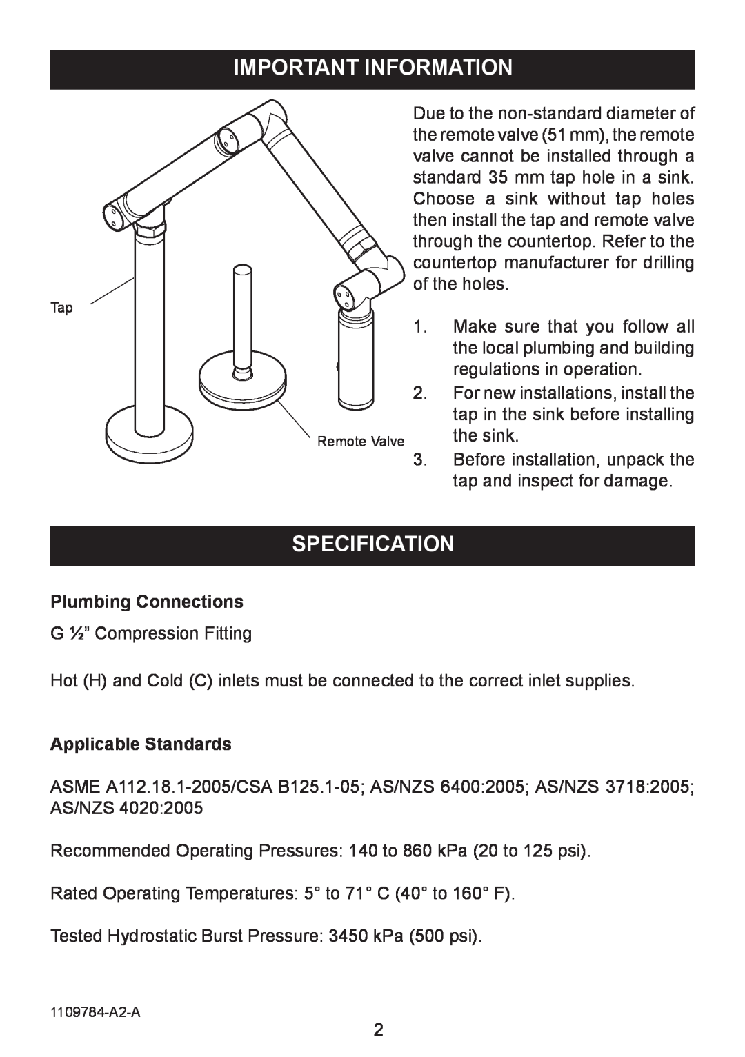 Kohler K-6227A manual important information, specification, Plumbing Connections, Applicable Standards 