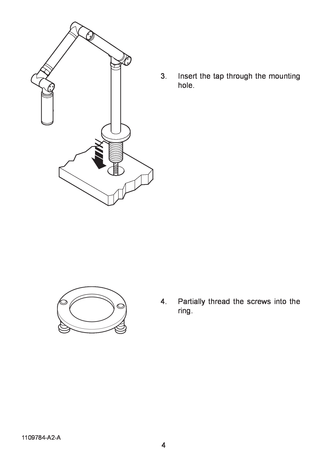 Kohler K-6227A manual Insert the tap through the mounting hole, Partially thread the screws into the ring, 1109784-A2-A 