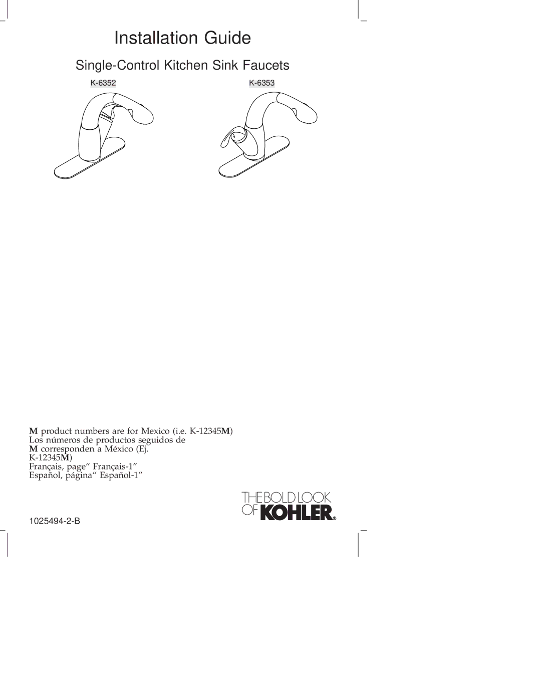 Kohler K-6352, K-6353 manual Installation Guide 