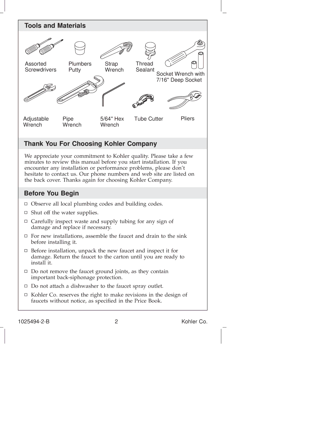 Kohler K-6353, K-6352 manual Tools and Materials, Thank You For Choosing Kohler Company, Before You Begin 