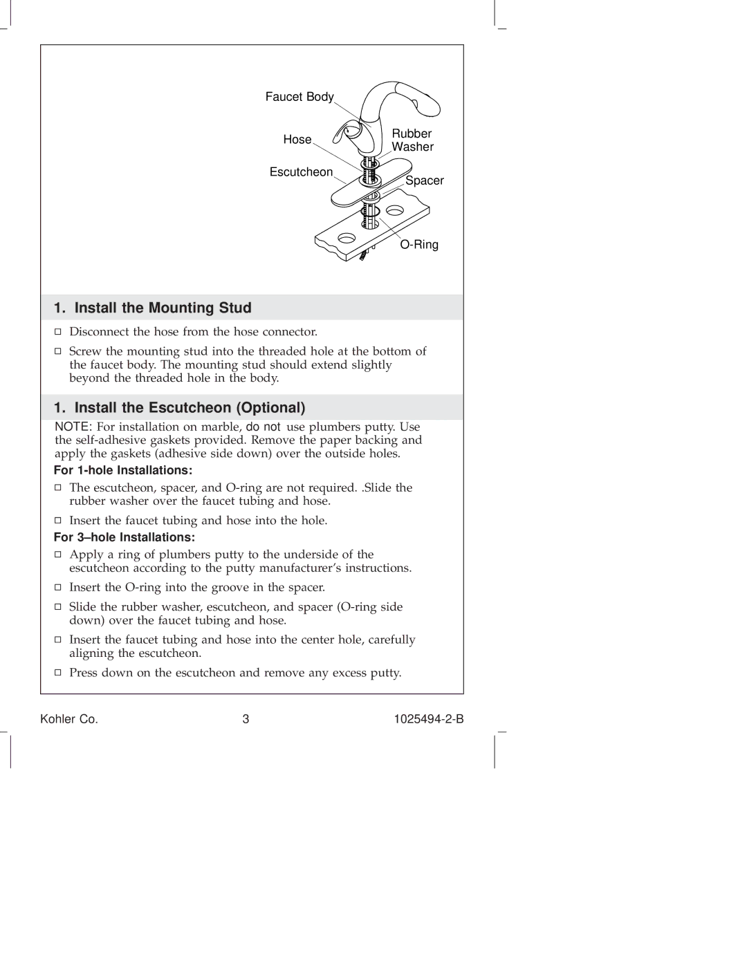 Kohler K-6352, K-6353 manual Install the Mounting Stud, Install the Escutcheon Optional, For 1-hole Installations 