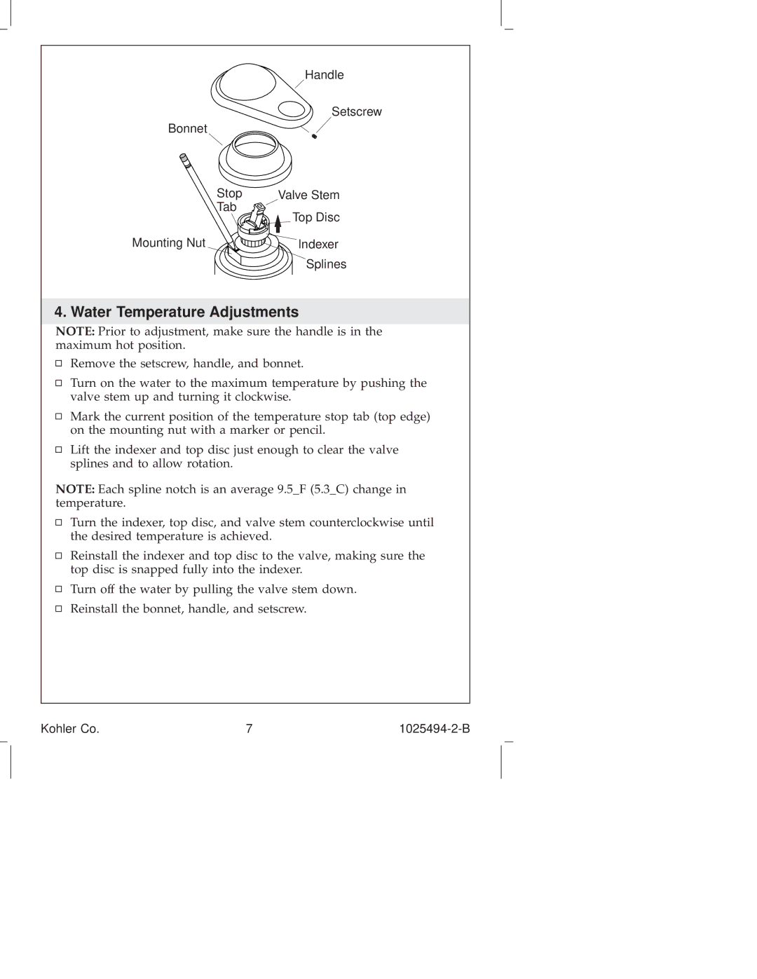 Kohler K-6352, K-6353 manual Water Temperature Adjustments 