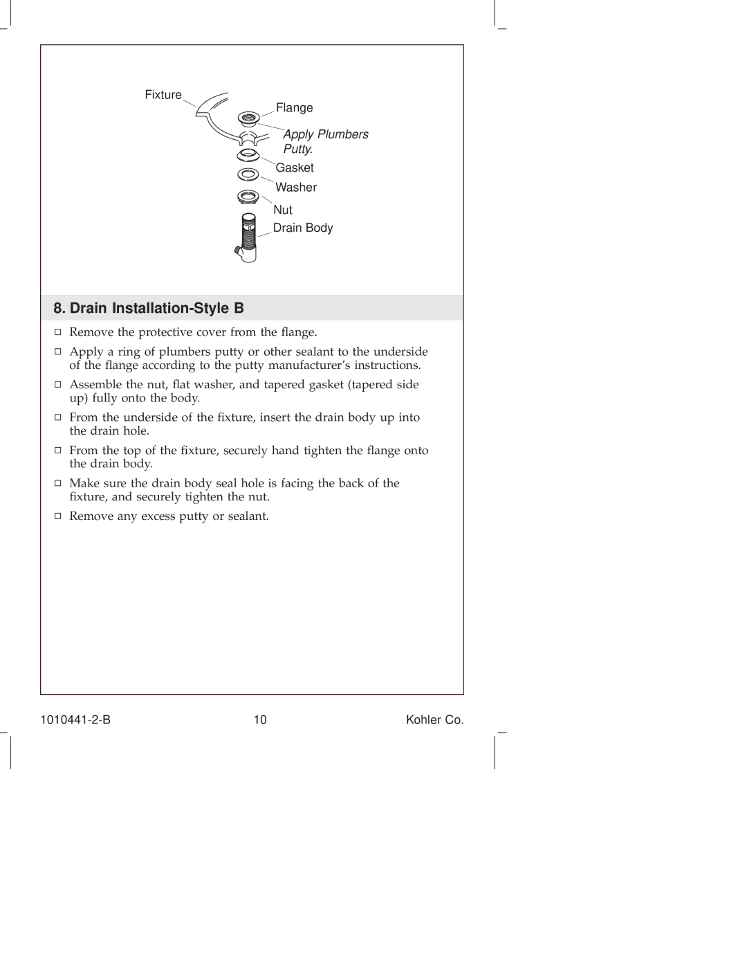 Kohler K-108, K-6811, K-610, K-310, K-325, K-280, K-223, K-224, K-6954, K-8215, K-16104, K-16102 manual Drain Installation-Style B 