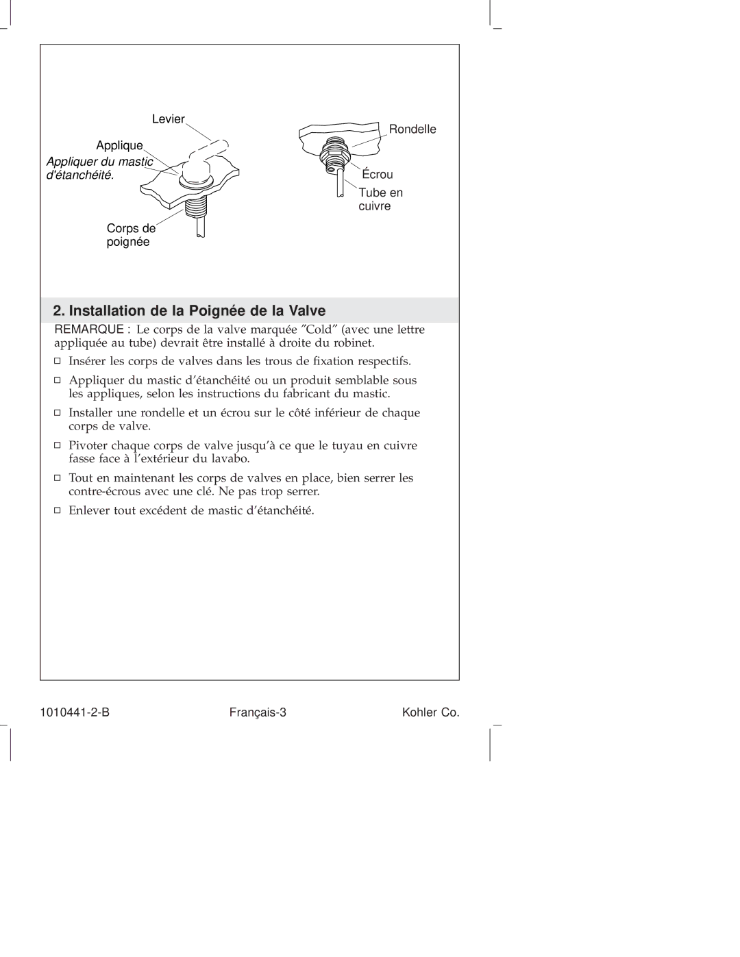 Kohler K-280, K-6811, K-610, K-310, K-325, K-223, K-224, K-6954, K-8215, K-16104, K-108 manual Installation de la Poignée de la Valve 