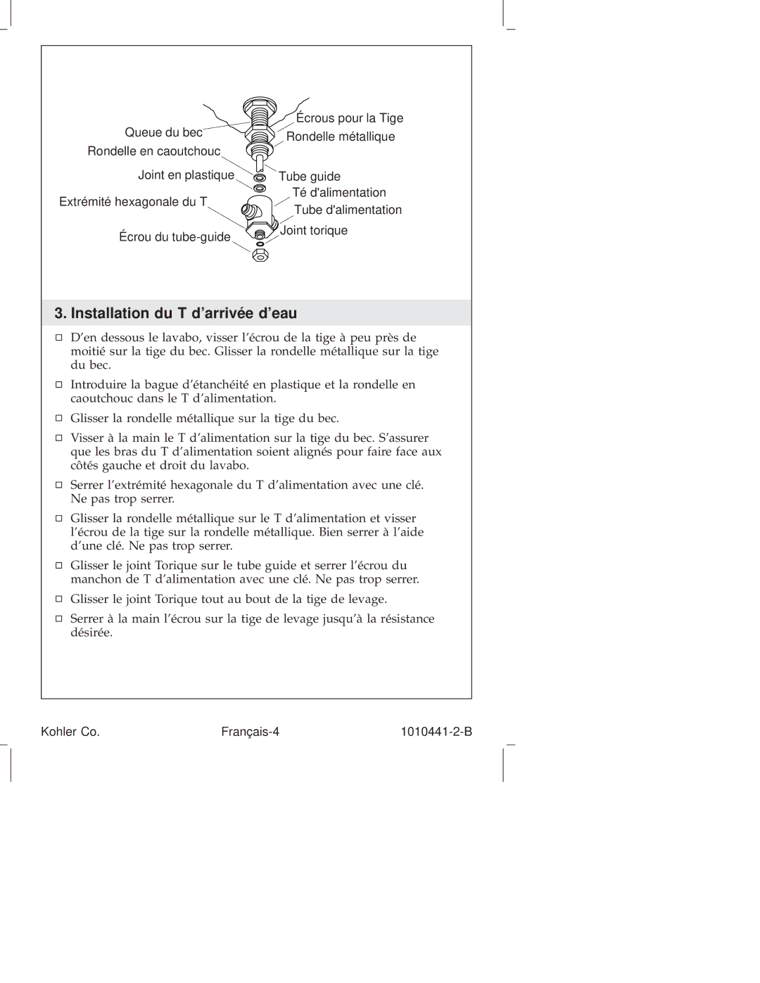 Kohler K-223, K-6811, K-610, K-310, K-325, K-280, K-224, K-6954, K-8215, K-16104, K-108, K-16102 Installation du T darrivée deau 