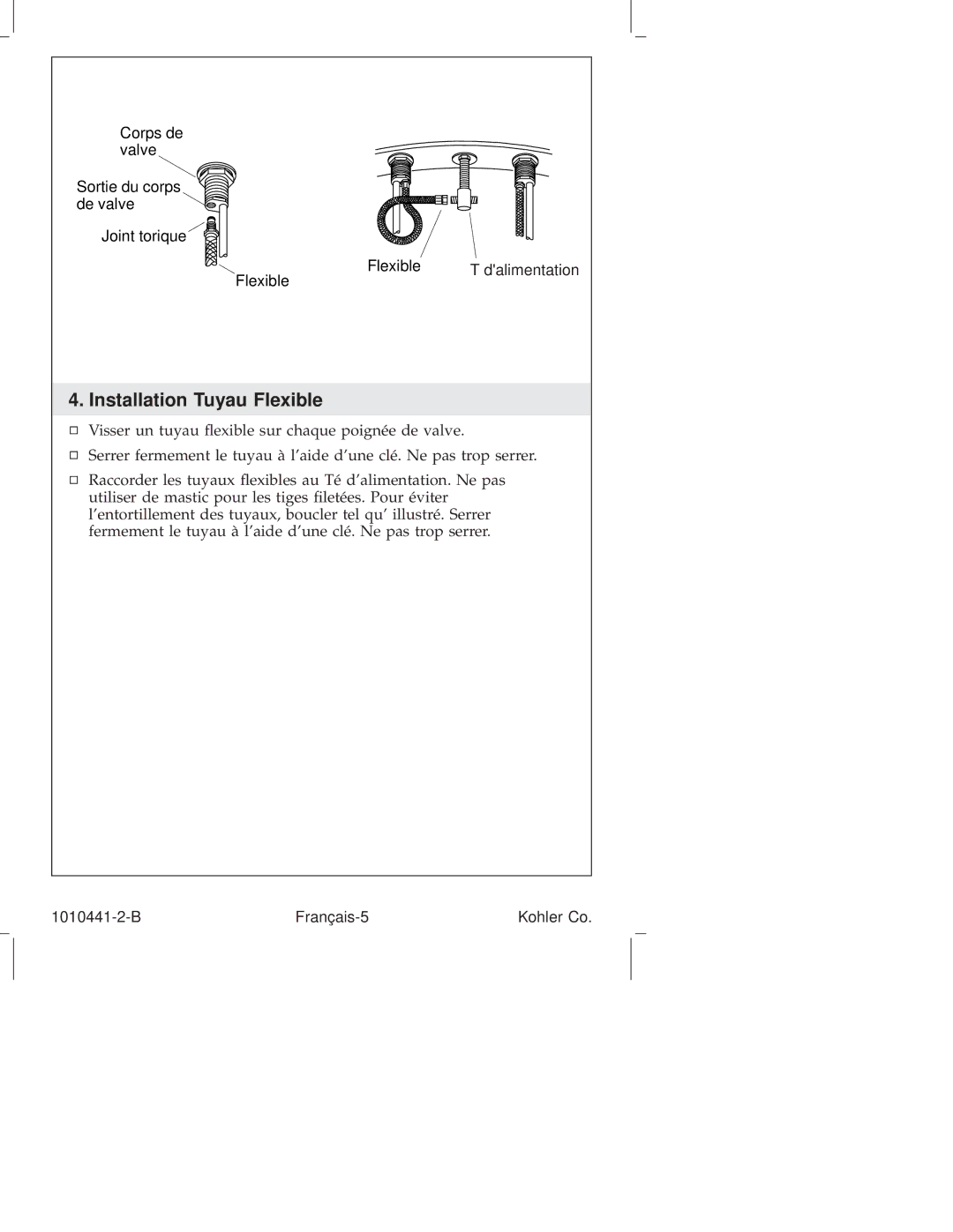 Kohler K-224, K-6811, K-610, K-310, K-325, K-280, K-223, K-6954, K-8215, K-16104, K-108, K-16102 manual Installation Tuyau Flexible 