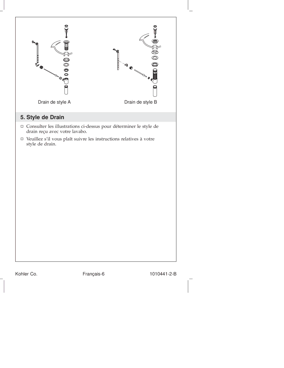Kohler K-6954, K-6811, K-610, K-310, K-325, K-280, K-223, K-224, K-8215, K-16104 Style de Drain, Kohler Co Français-6 1010441-2-B 