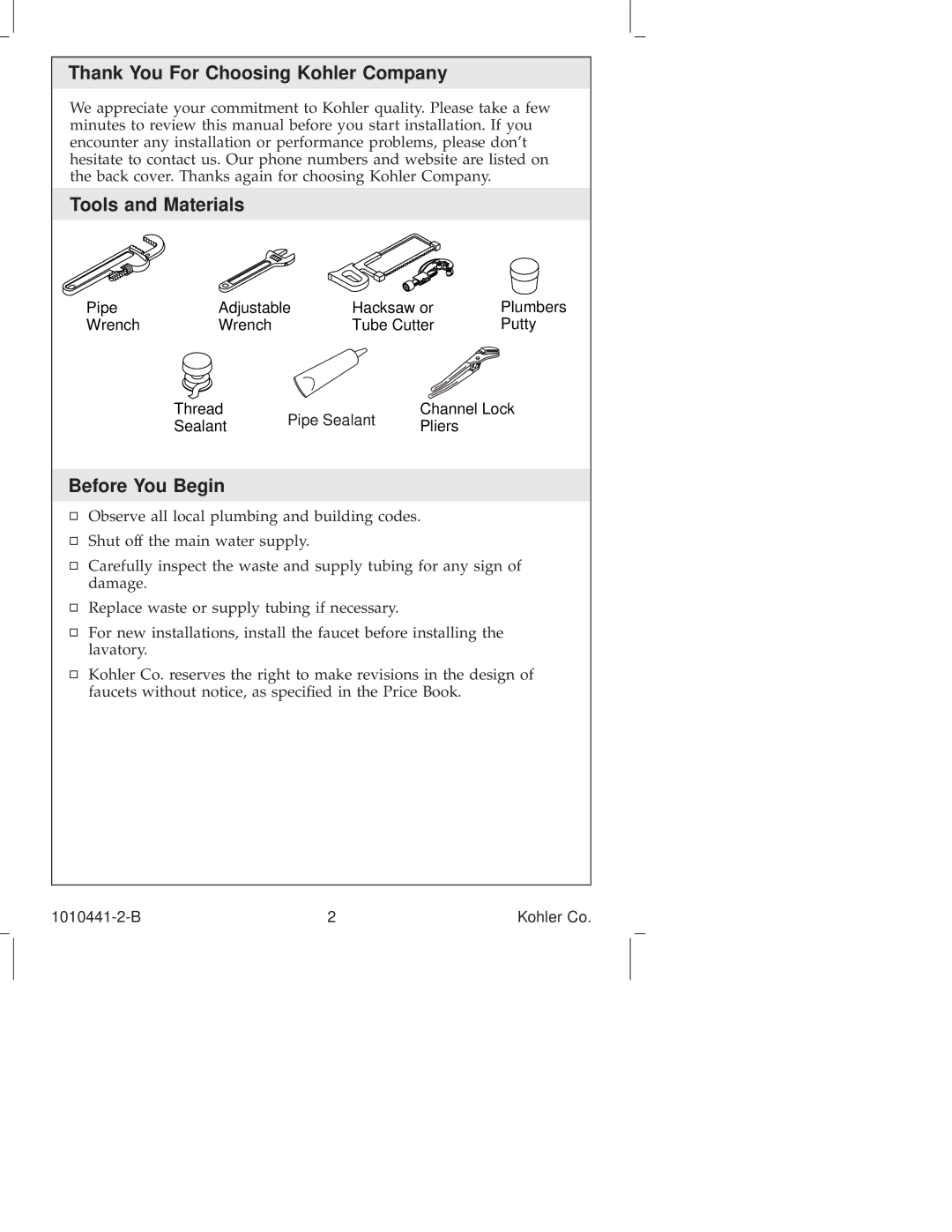 Kohler K-310, K-6811, K-610, K-325, K-280, K-223 Thank You For Choosing Kohler Company, Tools and Materials, Before You Begin 