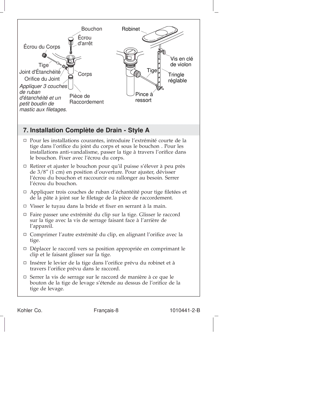 Kohler K-16104, K-6811, K-610, K-310, K-325, K-280, K-223, K-224, K-6954, K-8215, K-108 manual Installation Complète de Drain Style a 
