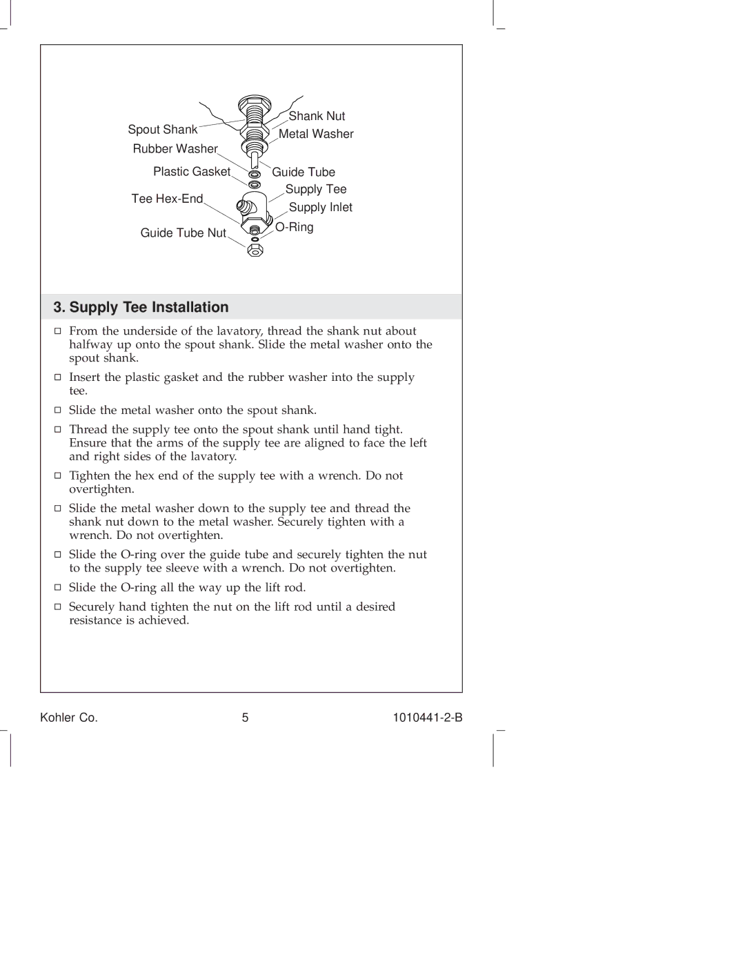 Kohler K-223, K-6811, K-610, K-310, K-325, K-280, K-224, K-6954, K-8215, K-16104, K-108, K-16102 manual Supply Tee Installation 