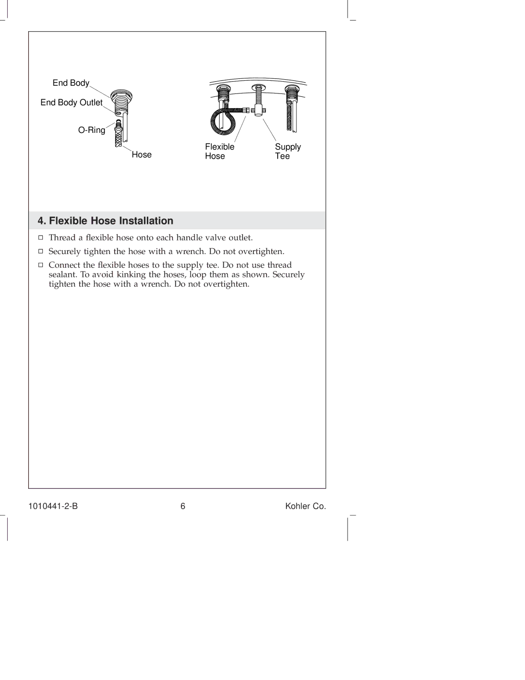 Kohler K-224, K-6811, K-610, K-310, K-325, K-280, K-223, K-6954, K-8215, K-16104, K-108, K-16102 manual Flexible Hose Installation 