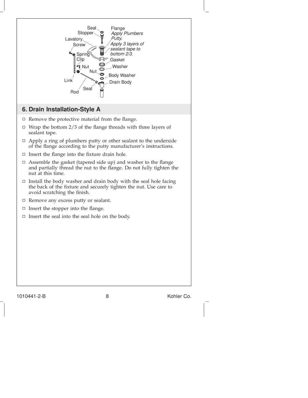 Kohler K-8215, K-6811, K-610, K-310, K-325, K-280, K-223, K-224, K-6954, K-16104, K-108, K-16102 manual Drain Installation-Style a 