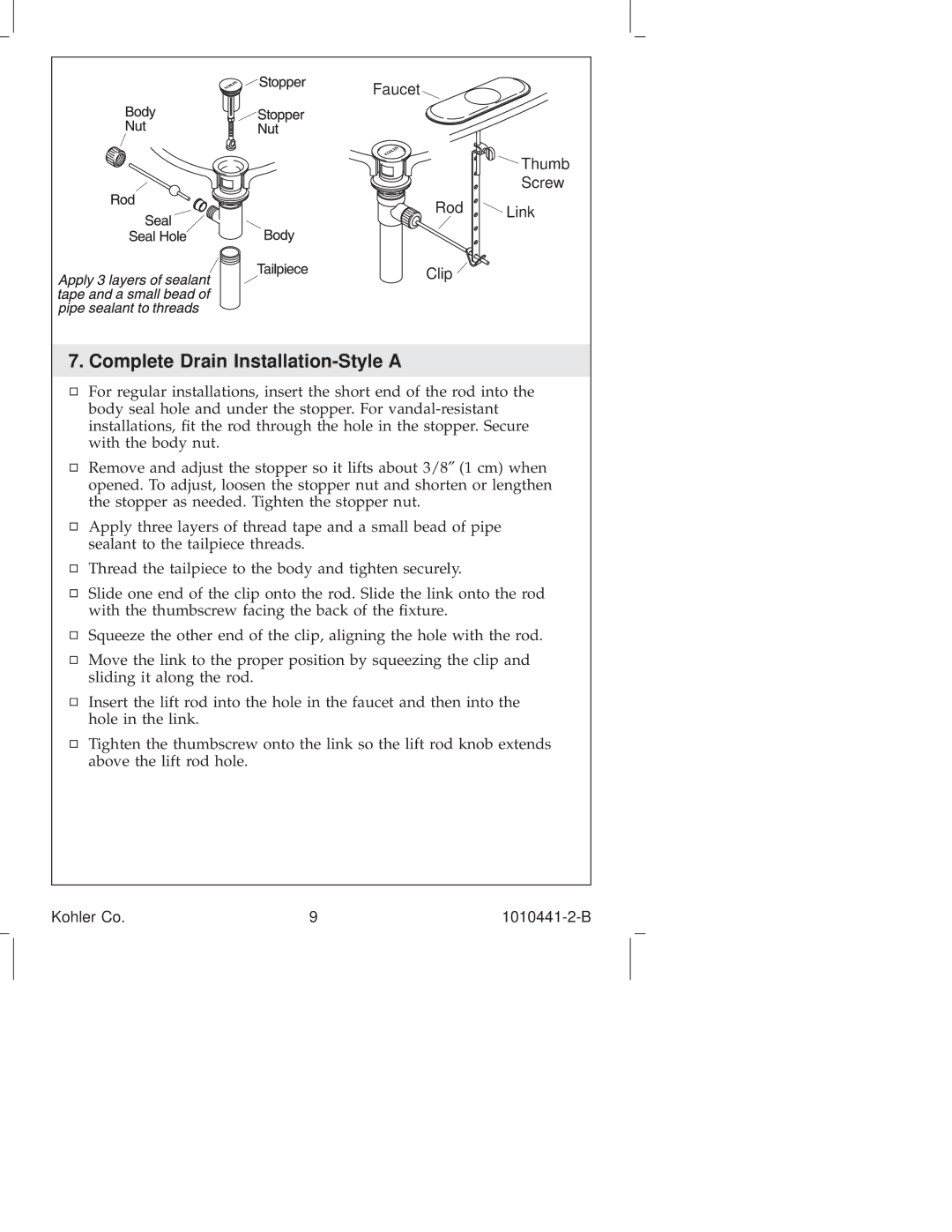 Kohler K-16104, K-6811, K-610, K-310, K-325, K-280, K-223, K-224, K-6954, K-8215, K-108, K-16102 Complete Drain Installation-Style a 