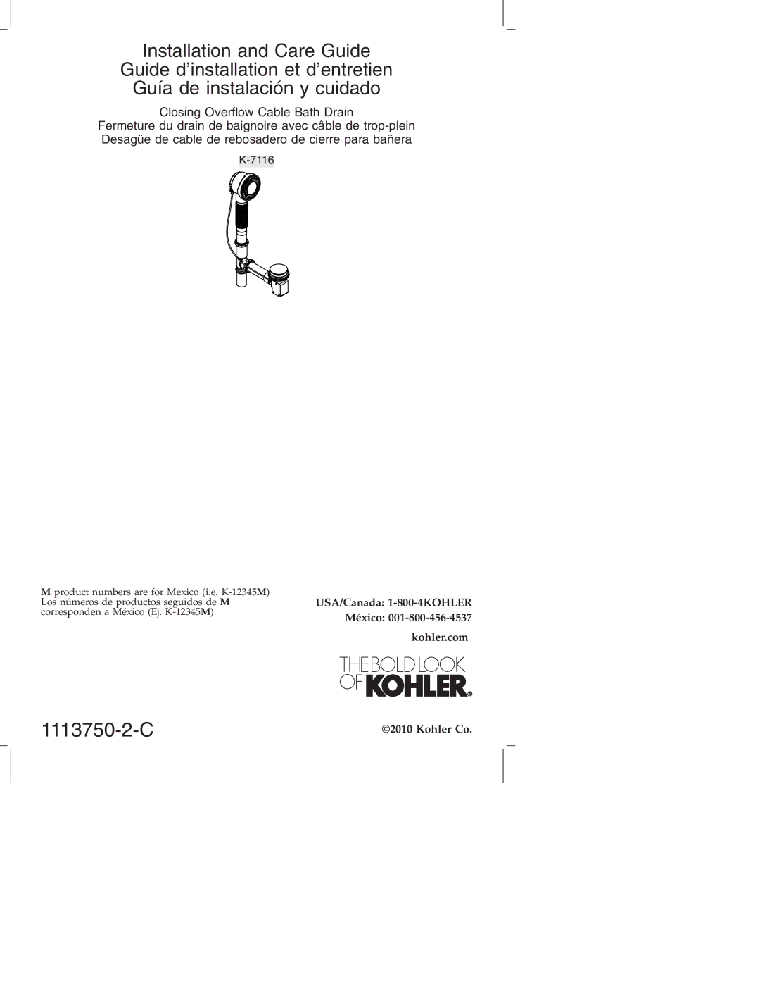 Kohler K-7116 manual 1113750-2-C 