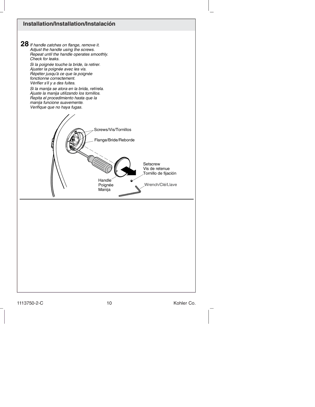 Kohler K-7116 manual Wrench/Clé/Llave 