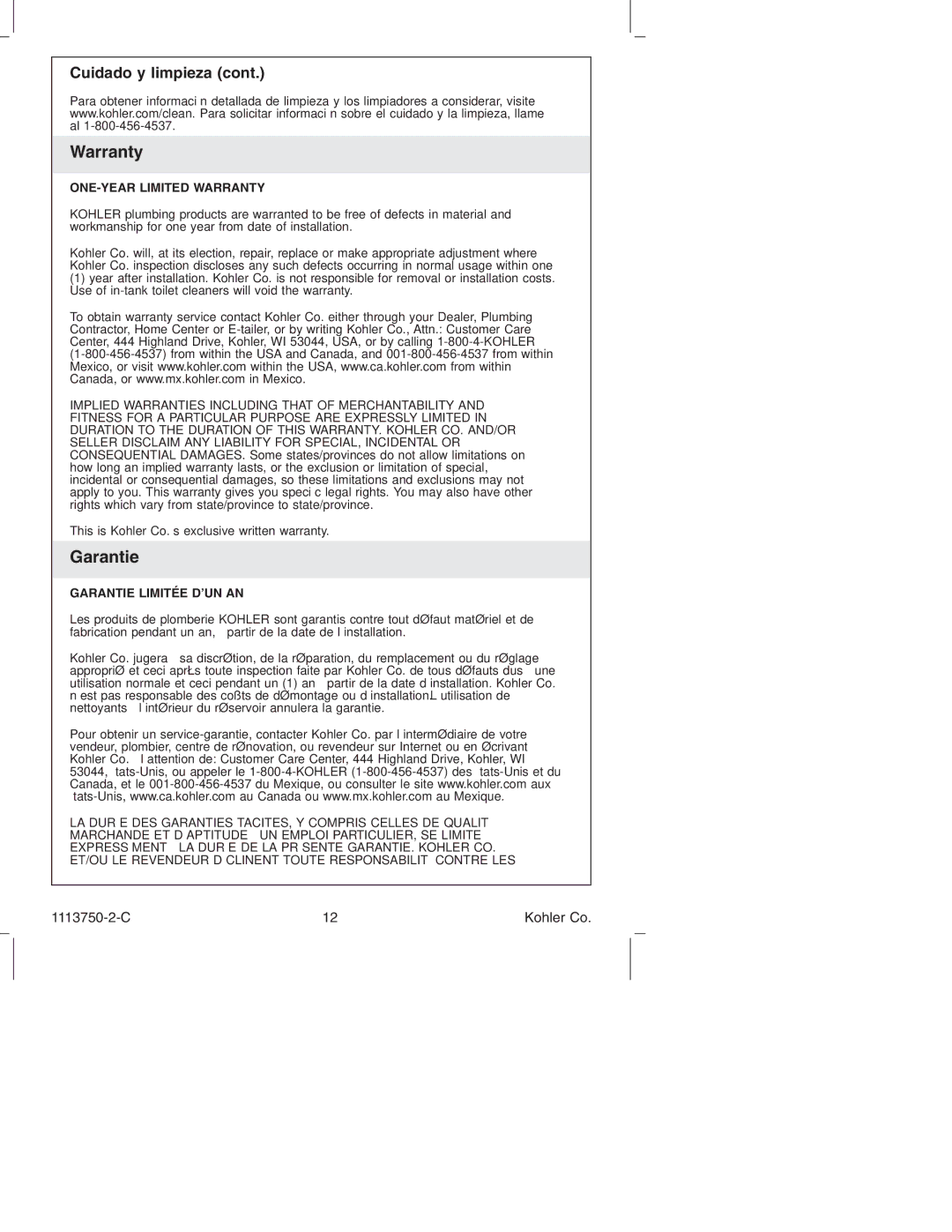 Kohler K-7116 manual Warranty, Garantie 