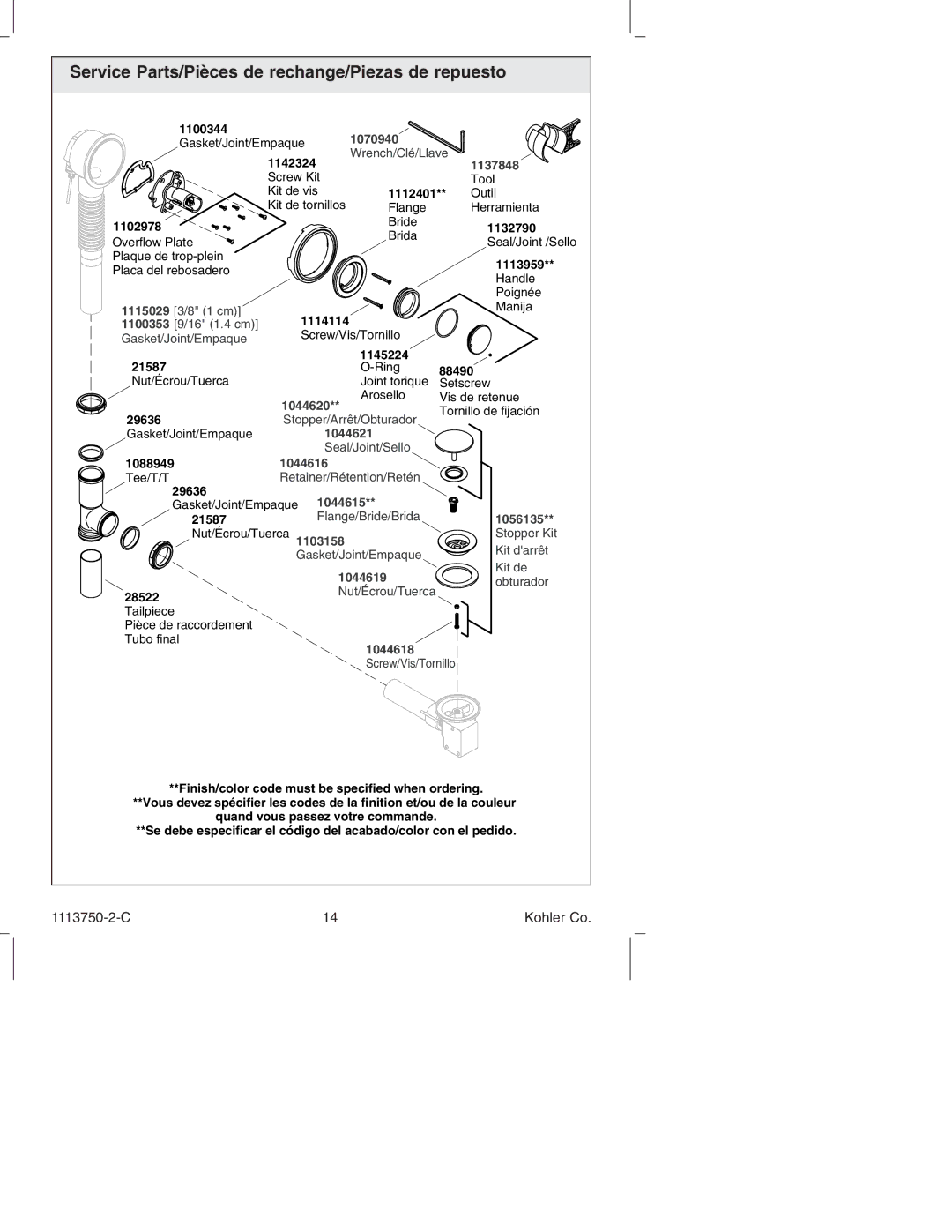 Kohler K-7116 manual Service Parts/Pièces de rechange/Piezas de repuesto, 1137848 