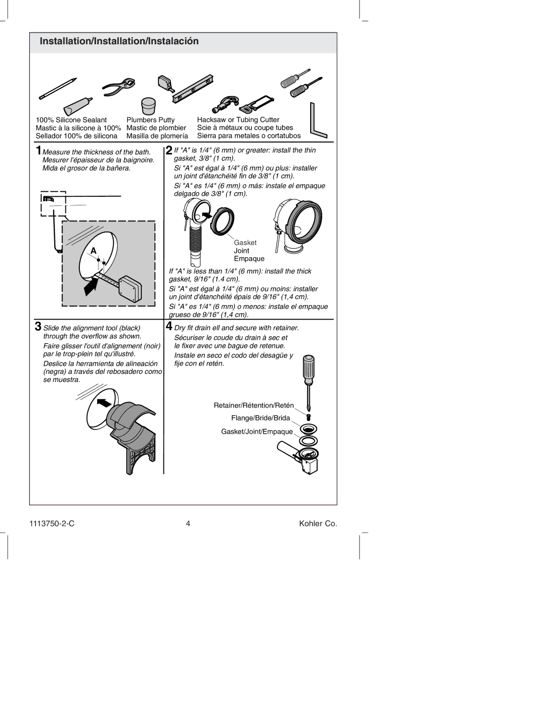 Kohler K-7116 manual Installation/Installation/Instalación, Gasket 