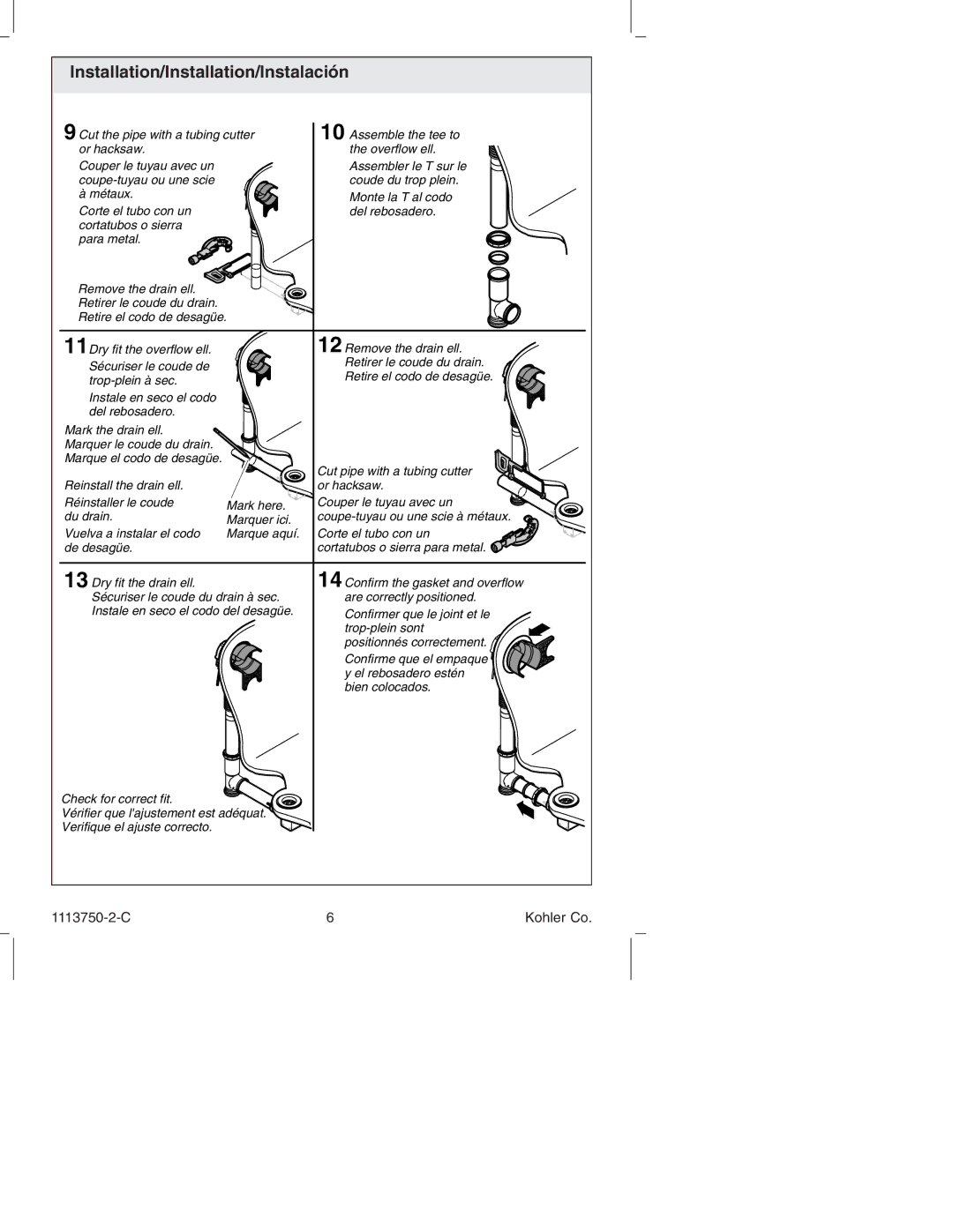 Kohler K-7116 manual 14Confirm the gasket and overflow 