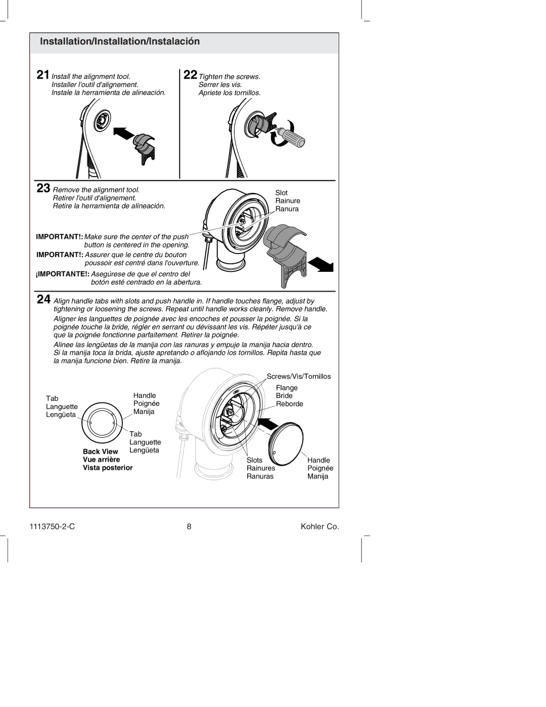 Kohler K-7116 manual Back View Lengüeta Vue arrière 