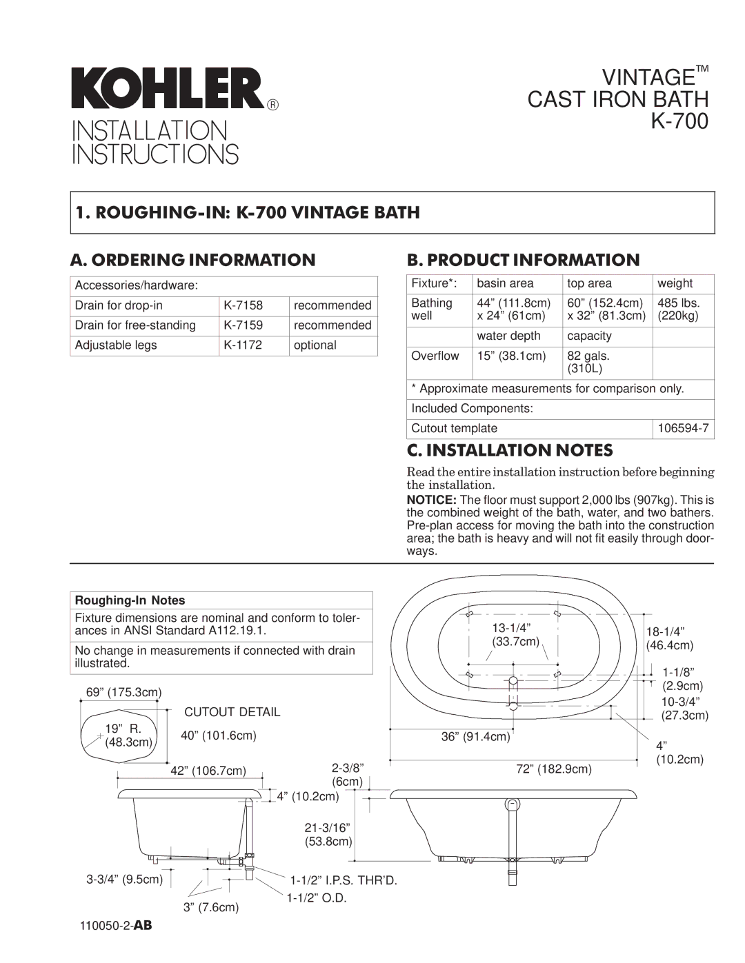 Kohler K-7158, K-7159, K-700, K-1172 dimensions Gg G, Roughing-In Notes, Cutout Detail 