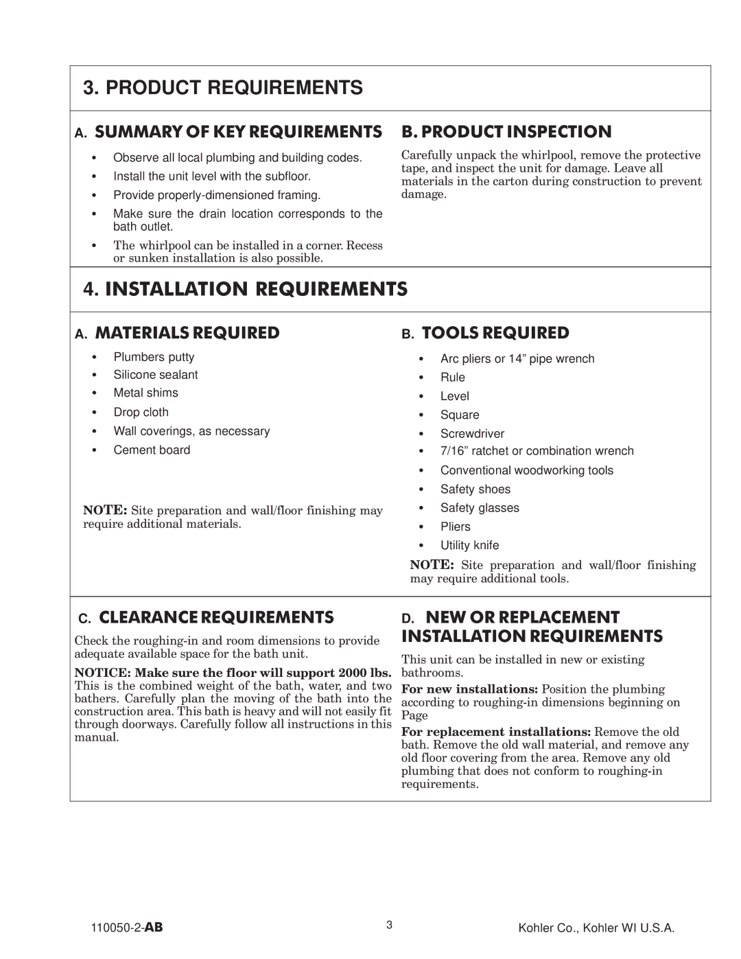 Kohler K-1172, K-7159 Product Requirements, Summary of KEY Requirementsb Product Inspection, Materials Required Tools 