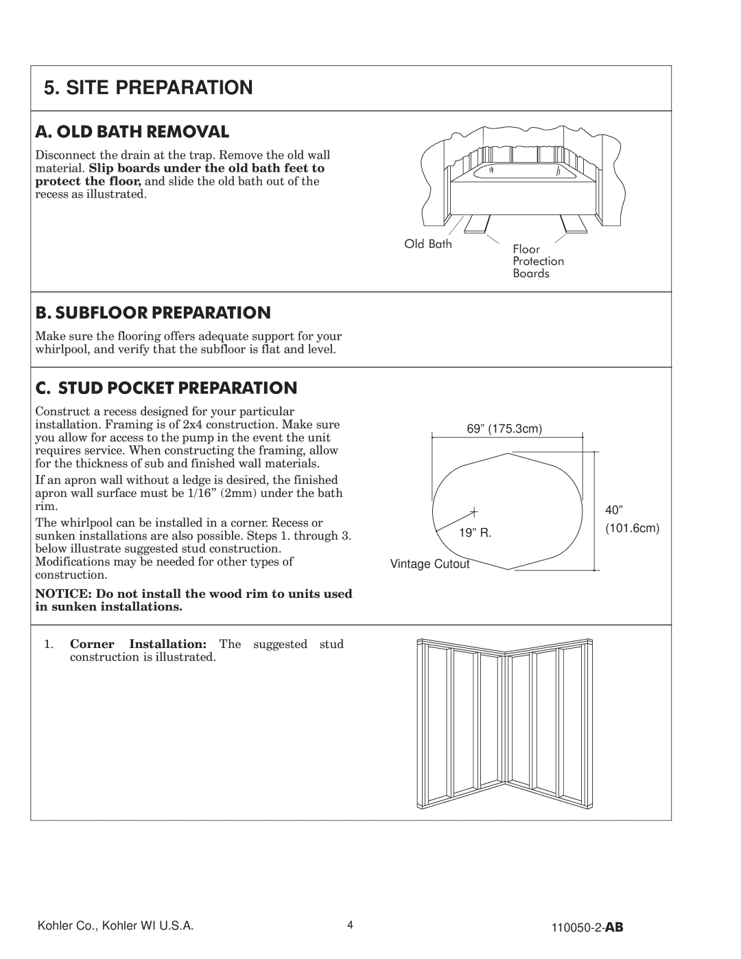 Kohler K-7159, K-7158, K-700, K-1172 Site Preparation, OLD Bath Removal, Subfloor Preparation, Stud Pocket Preparation 