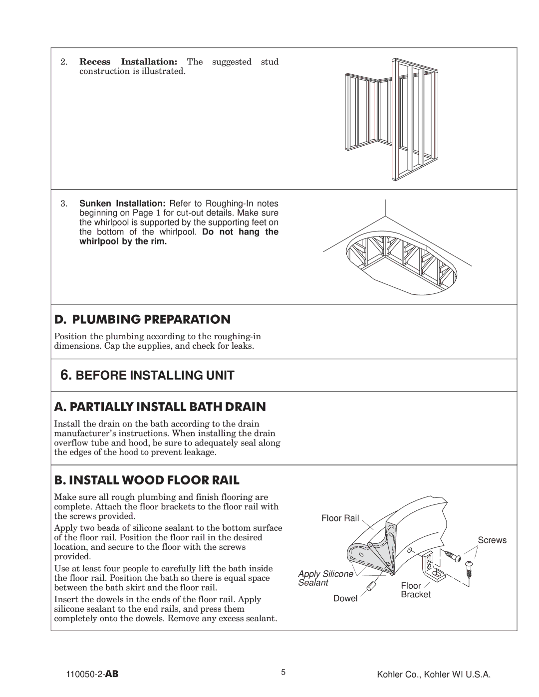 Kohler K-7158, K-7159 Plumbing Preparation, Before Installing Unit, Partially Install Bath Drain, Install Wood Floor Rail 