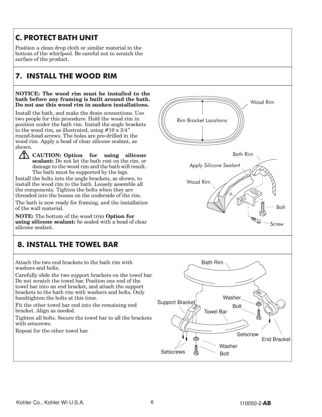 Kohler K-700, K-7159, K-7158, K-1172 dimensions Protect Bath Unit, Install the Wood RIM, Install the Towel BAR 