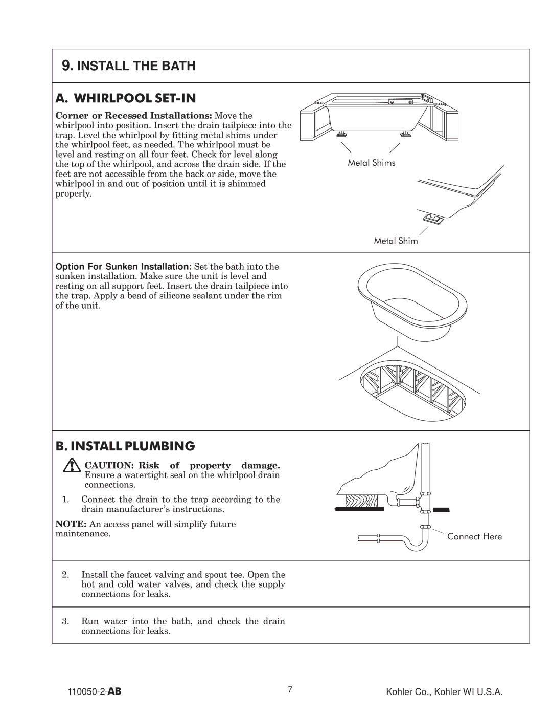 Kohler K-1172, K-7159, K-7158, K-700 dimensions Install the Bath, Setin, Install Plumbing, Option For Sunken Installation Set 