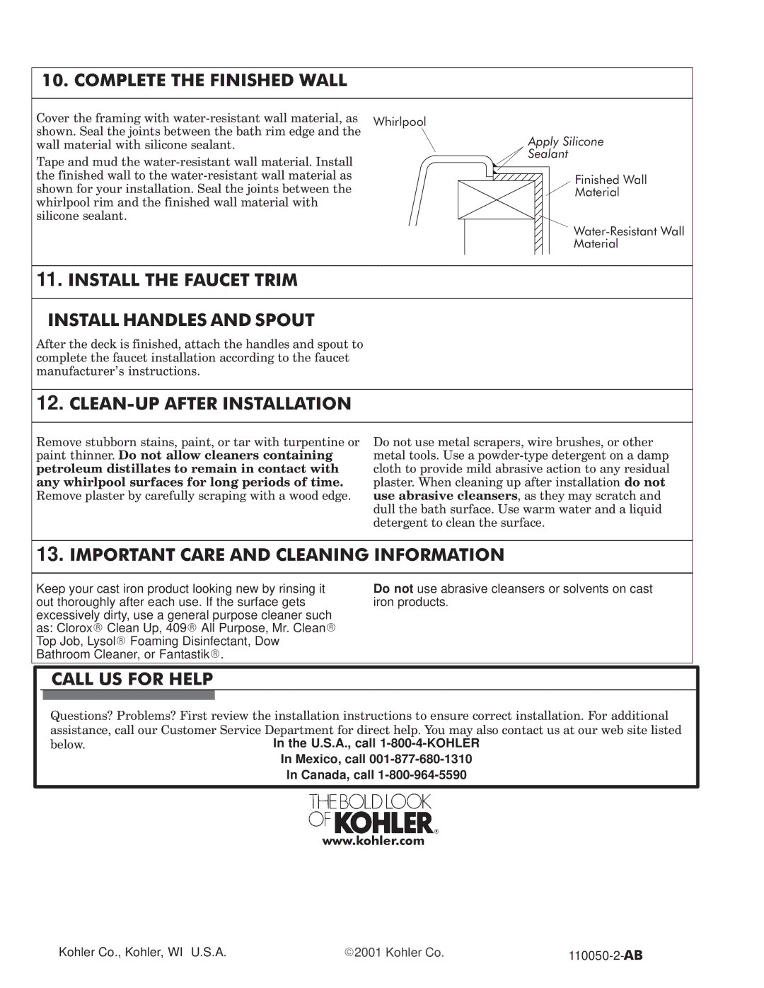 Kohler K-7159 Complete the Finished Wall, Install the Faucet Trim Install Handles and Spout, CLEAN!UP After Installation 